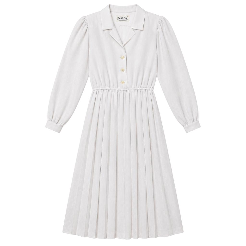 Vintage 80s Leslie Fay ILGWU White Pleated Long Sleeve Maxi Dress Made in USA, size 10 1