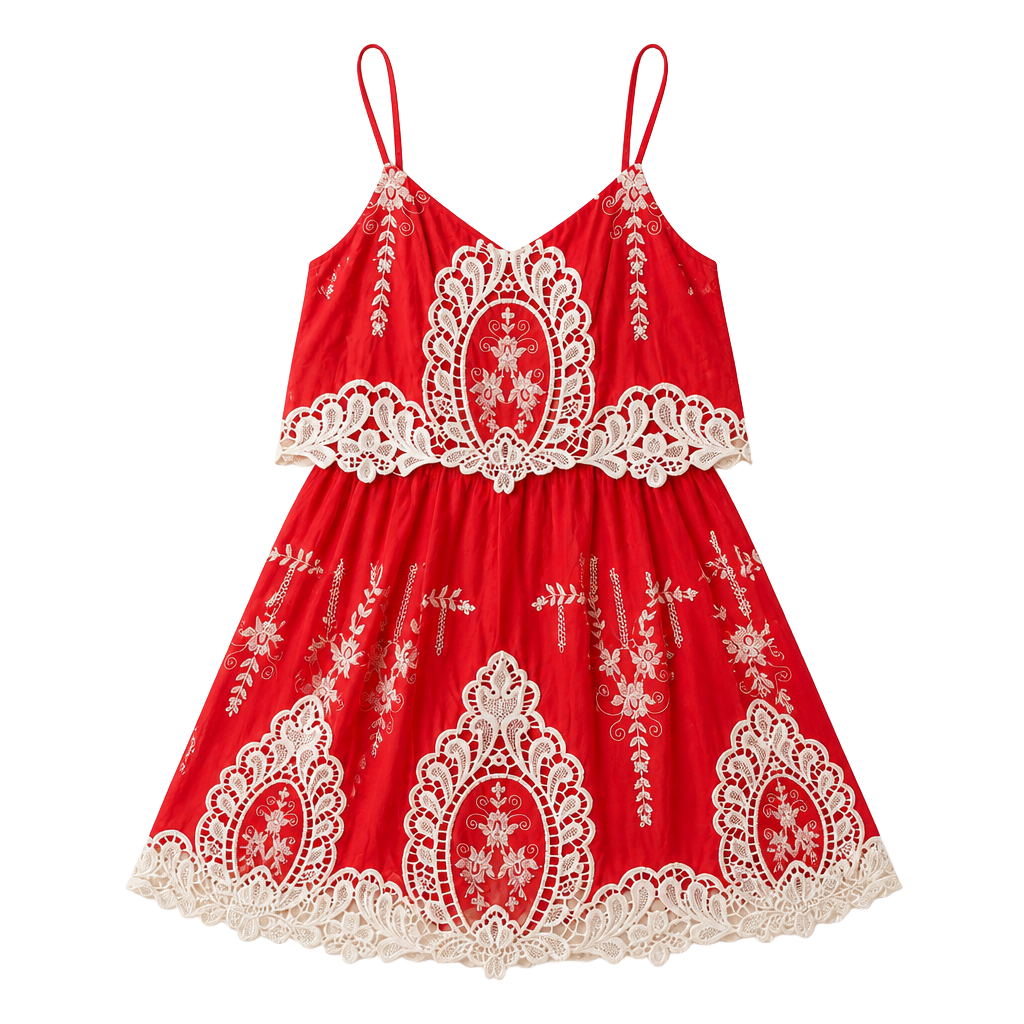 Ark & Co Red Embroidered Macrame Overlay Boho Mini Dress 1