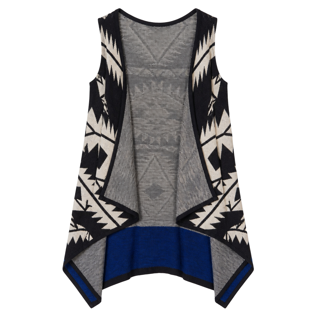 New Directions Duster Vest Size L/XL Black Blue Aztec Open Front 1