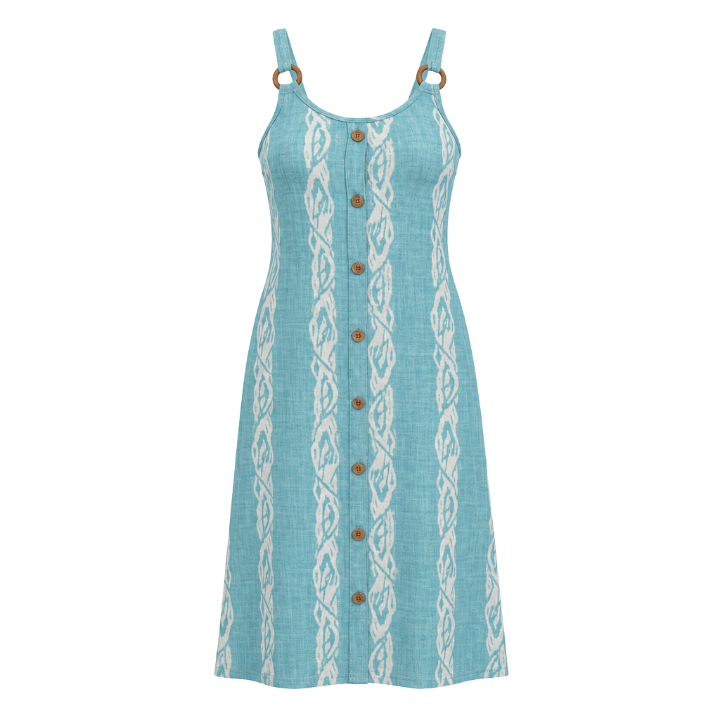 Blue and White Coastal Print Sleeveless Button-Front Midi Dress with Wooden Rings 1