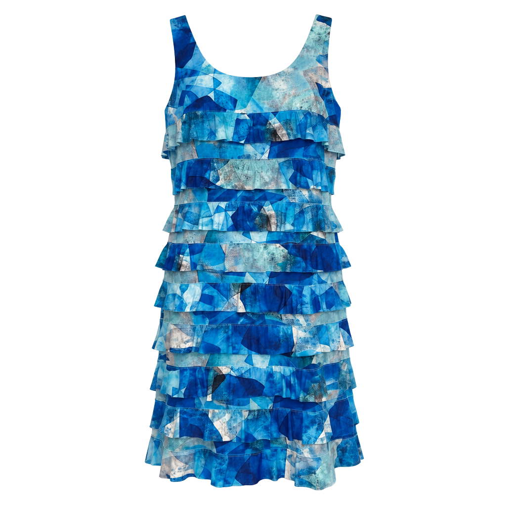 Talk of the Walk Blue Geometric Print Ruffled Sleeveless Dress 1