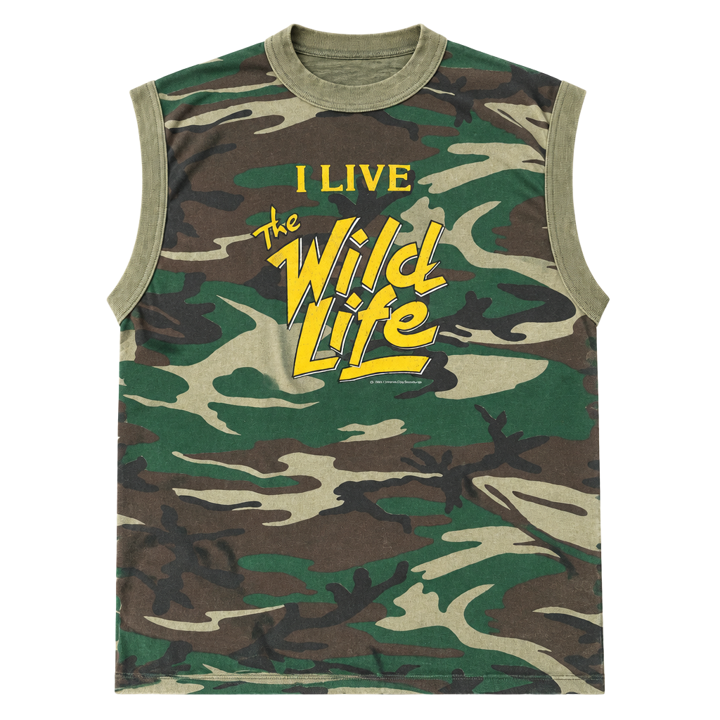 Vintage Universal City Studios I Live The Wild Life Camo Sleeveless Shirt 1984 1