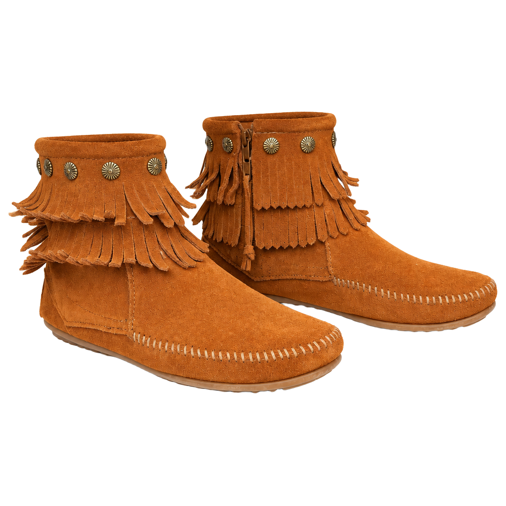 Minnetonka Brown Double Fringe Side Zip Brown Soft Suede Ankle Boot Size 8 1
