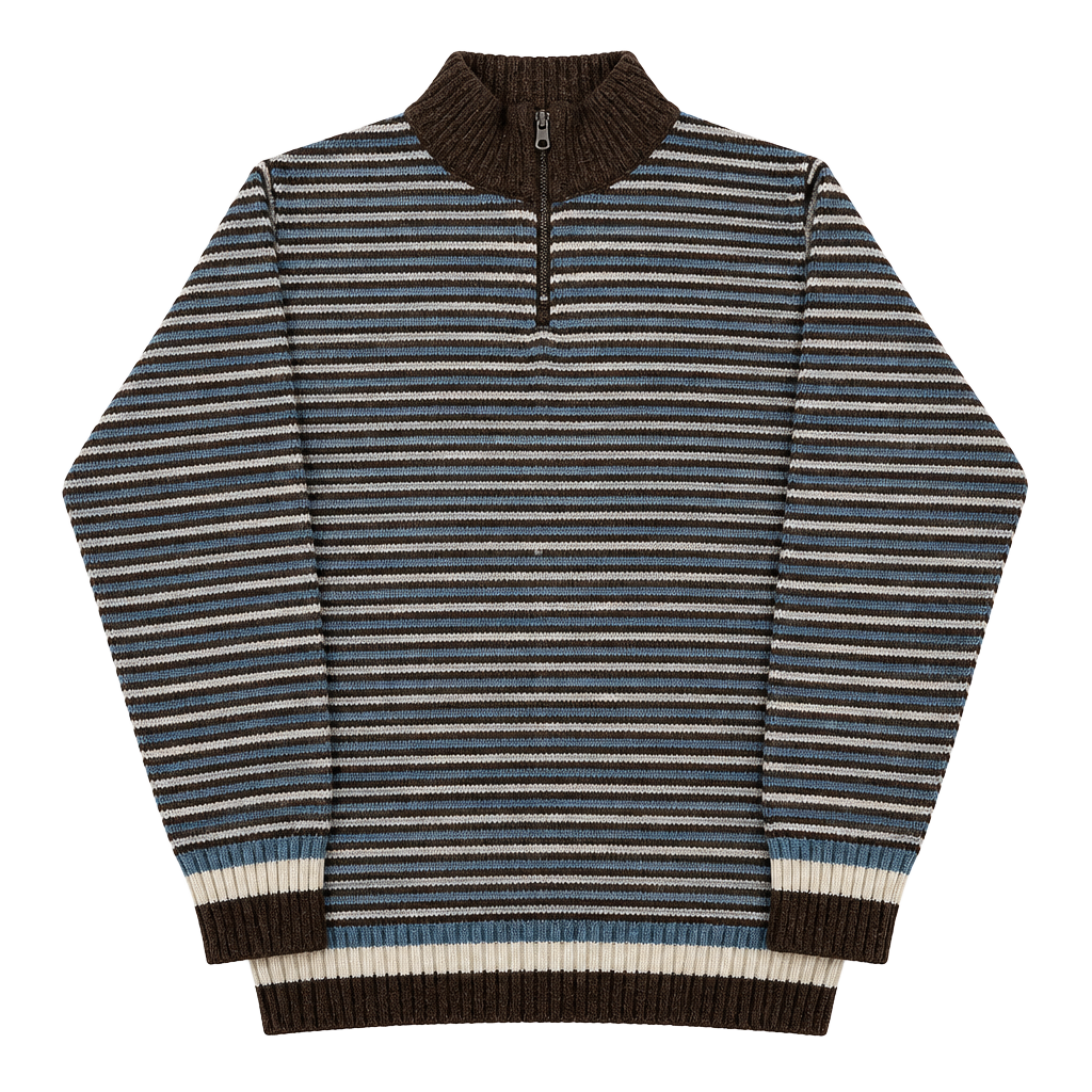 Cartier Ports Wear 1/4 Zip Sweater Size L Striped Brown Blue 1