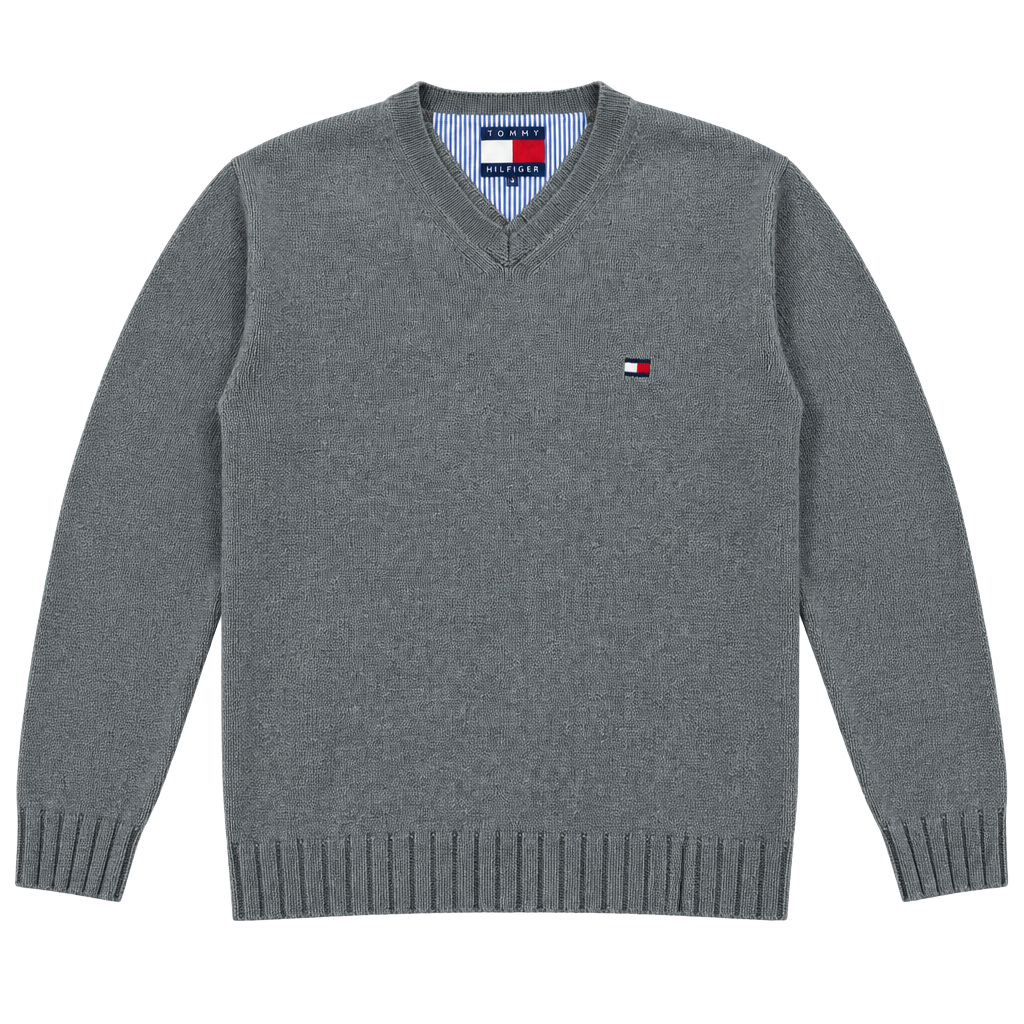 Tommy Hilfiger V-Neck Sweater Size XL Gray Cotton Flag Logo 1