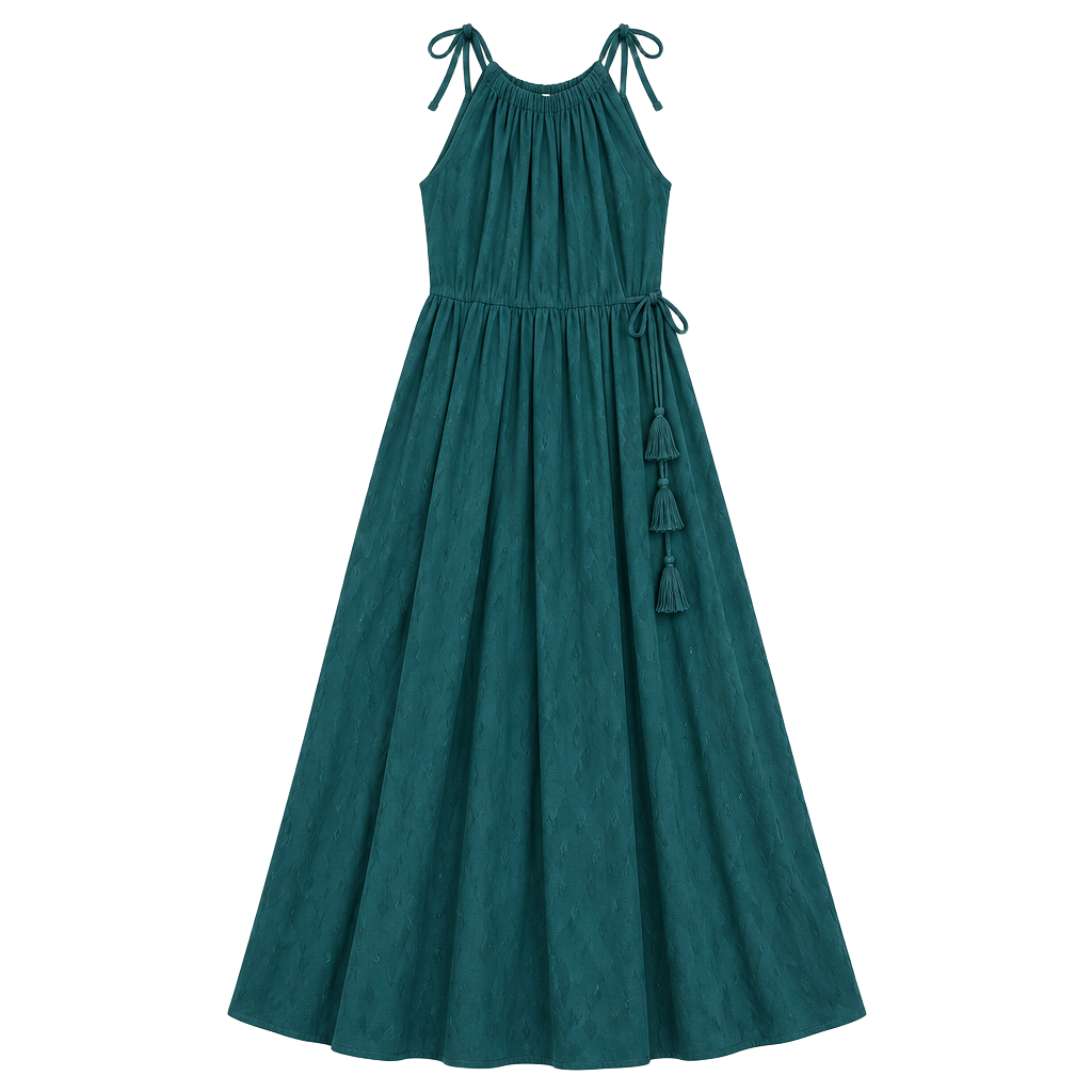 Calypso St. Barth Teal Boho Cold Shoulder Tassel Tie Maxi Dress Sz S 1