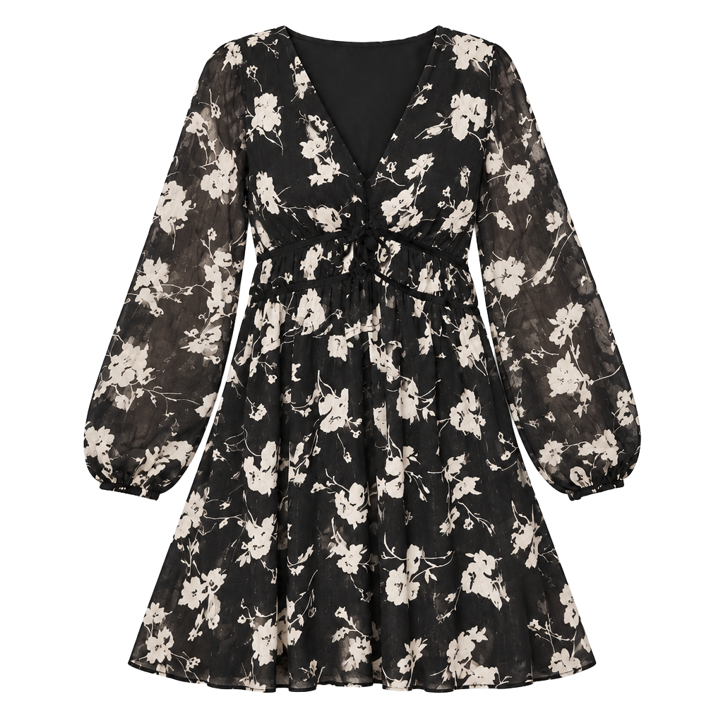 Max+Ash Black Floral Long Sleeve Wrap Dress Size S 1