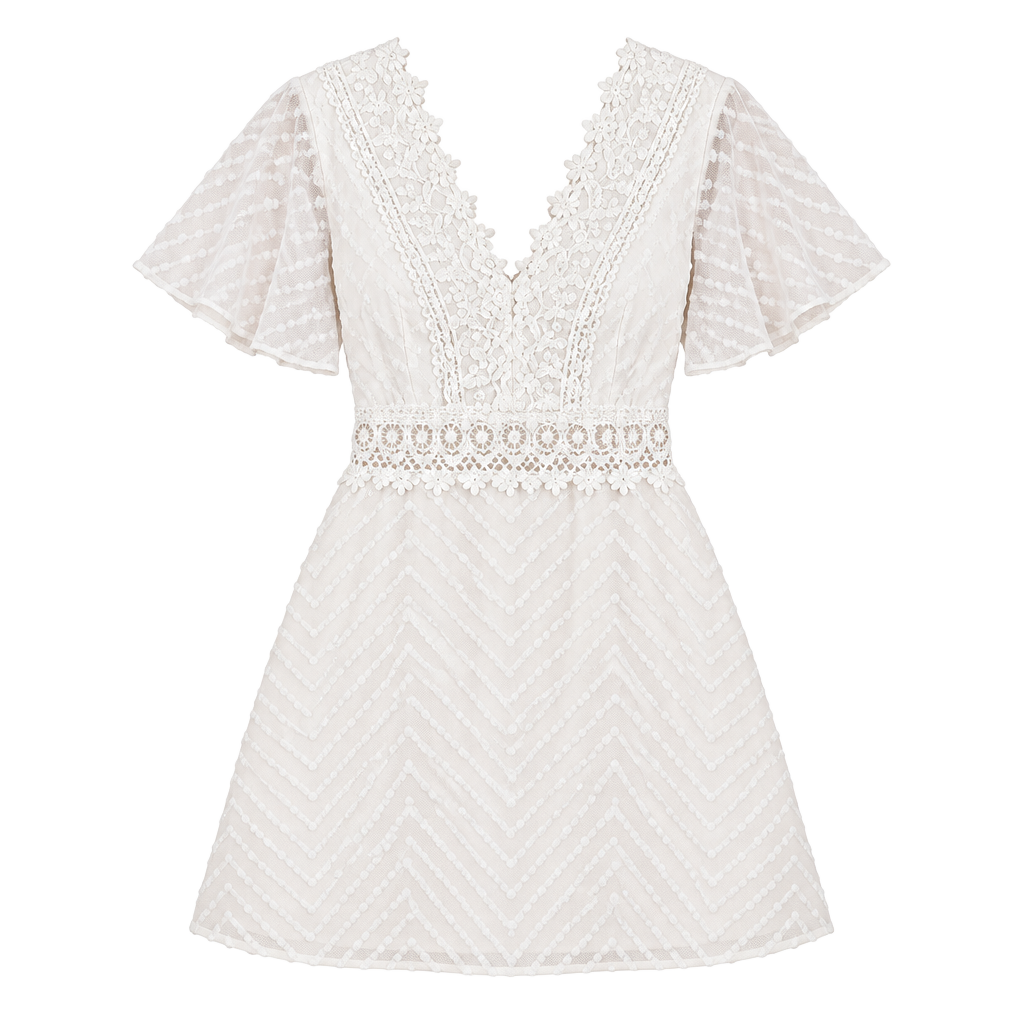 Ivory Textured V-Neck Lace Trim Dress Size M 1