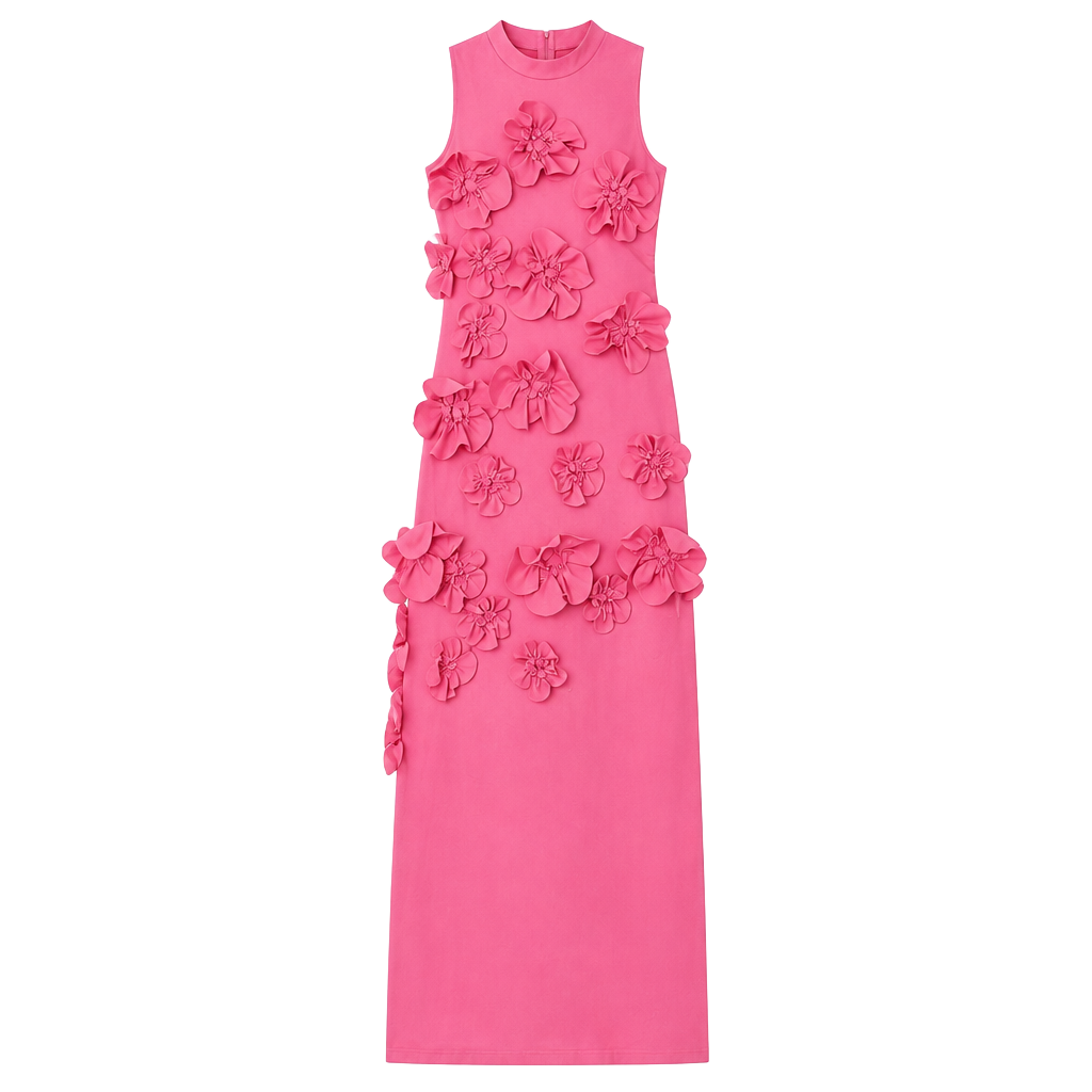 Women’s Size Medium Pink 3D Floral Appliqué Sleeveless Maxi Dress 1