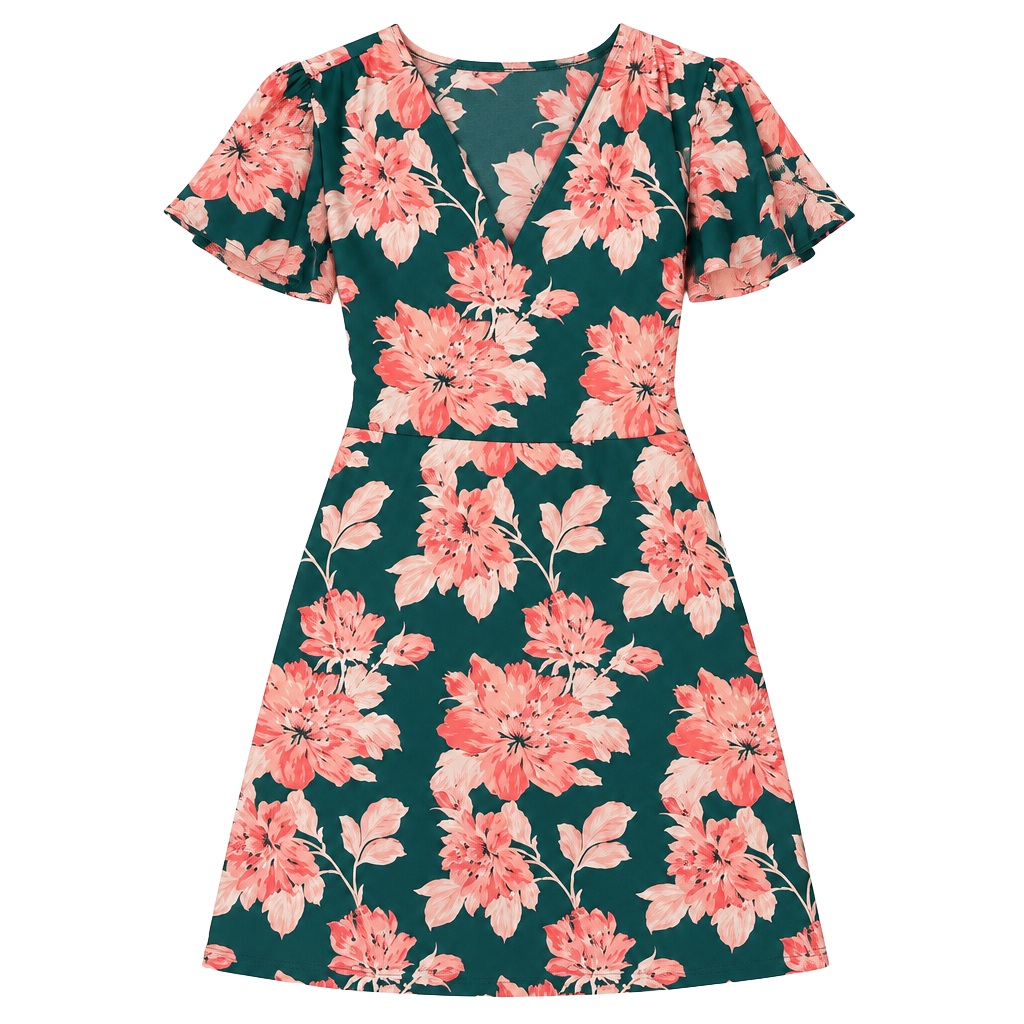 J.Crew Mercantile Floral V-Neck Dress Size 6 Green Coral Short Sleeve 1