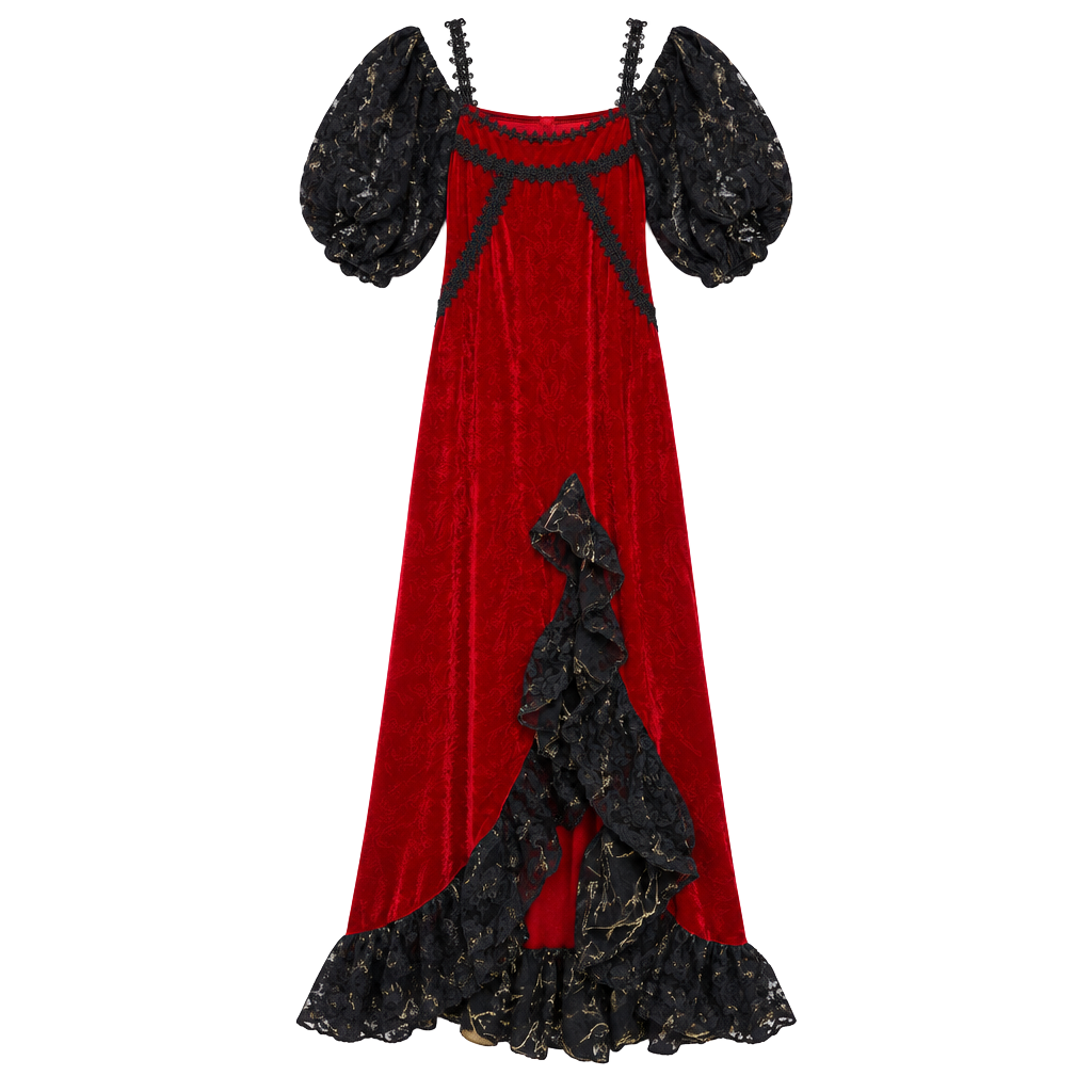 Punk Rave Red Velvet Gothic Maxi Dress Black Lace Trim 1