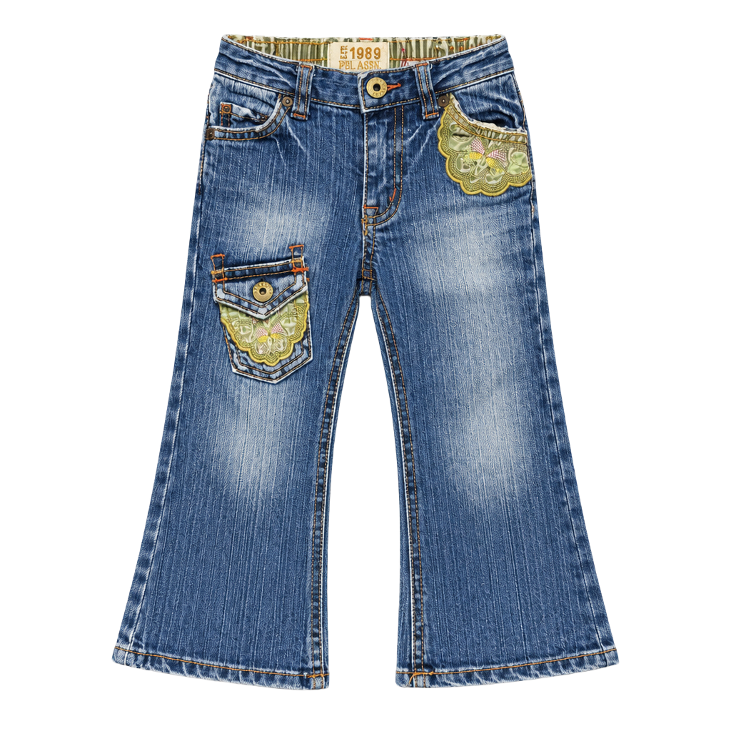 Bongo Jeans Faded Blue Floral Rhinestones Pockets Girls 12 Zipper Relax Comfort 1