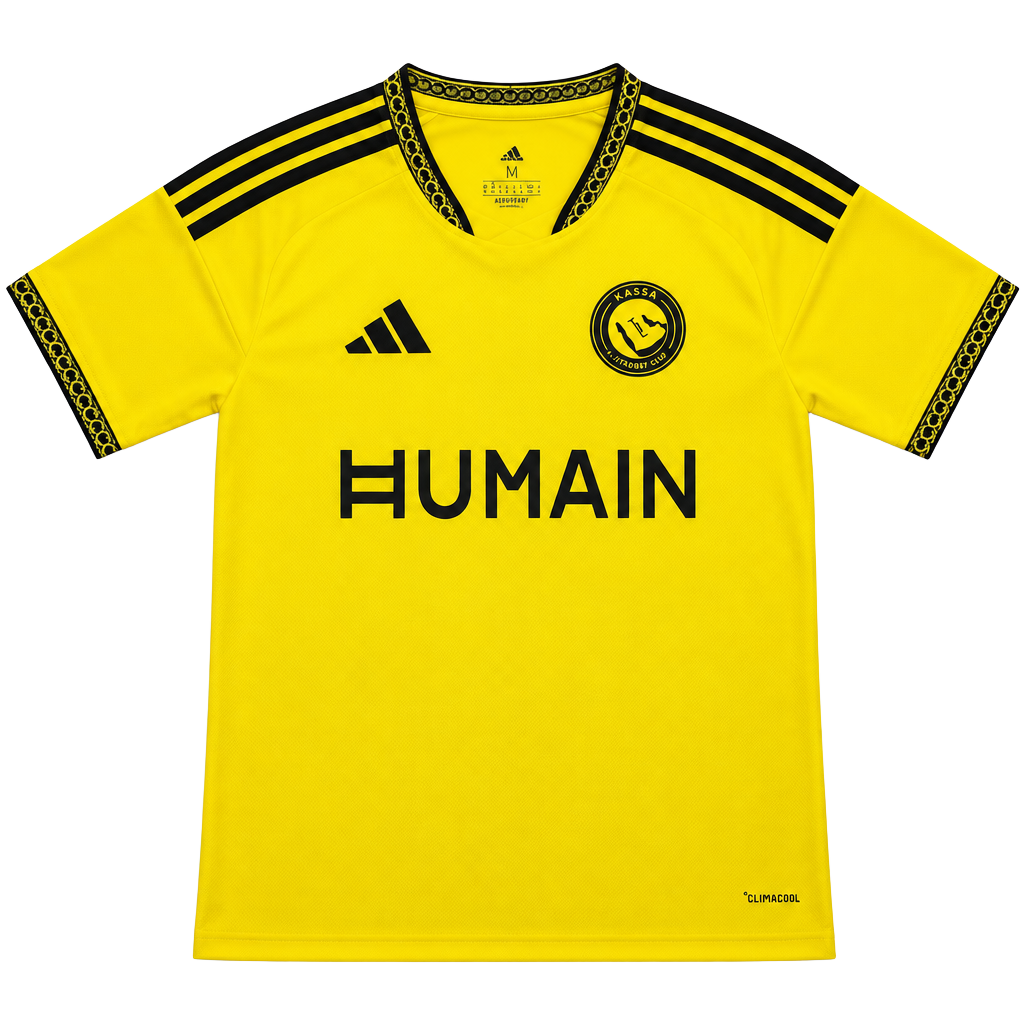 Adidas Al Nassr 2026/27 home jersey in yellow with black stripes on shoulders and black trim on collar and sleeves number 7 Ronaldo on the back size small dimensions are in the pictures brand new with tags. 1