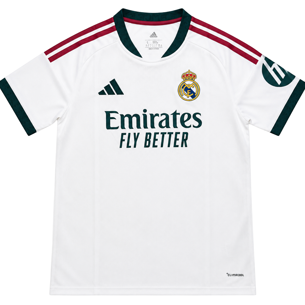 Adidas Real Madrid 2026/27 Home Jersey White with maroon and green stripes on shoulders and sleeves number 5 Bellingham on the back size Large dimensions in the pictures brand new with tags. 1