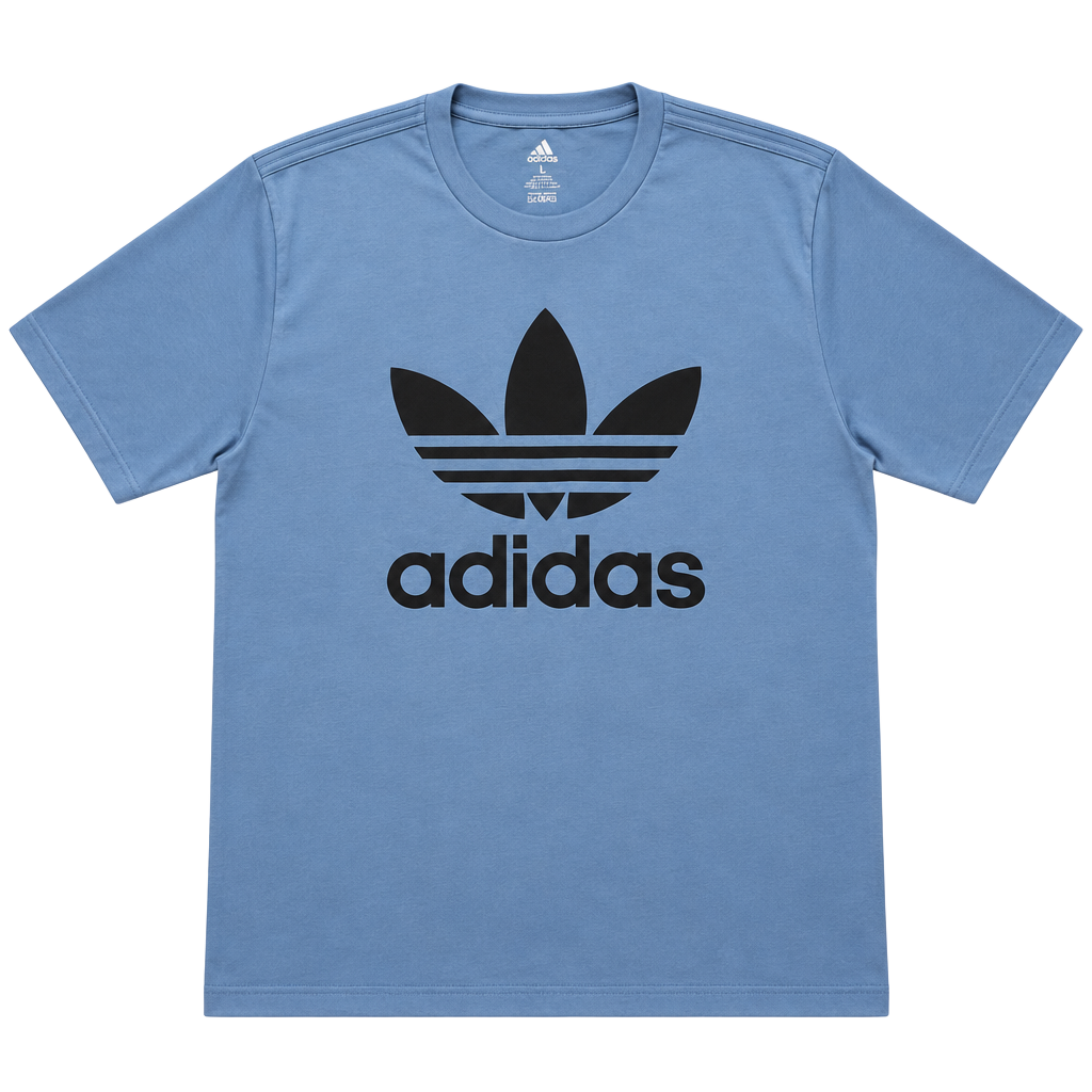 Adidas Originals blue polyester & cotton t-shirt with black logo size large dimensions in pictures brand new with tags. 1