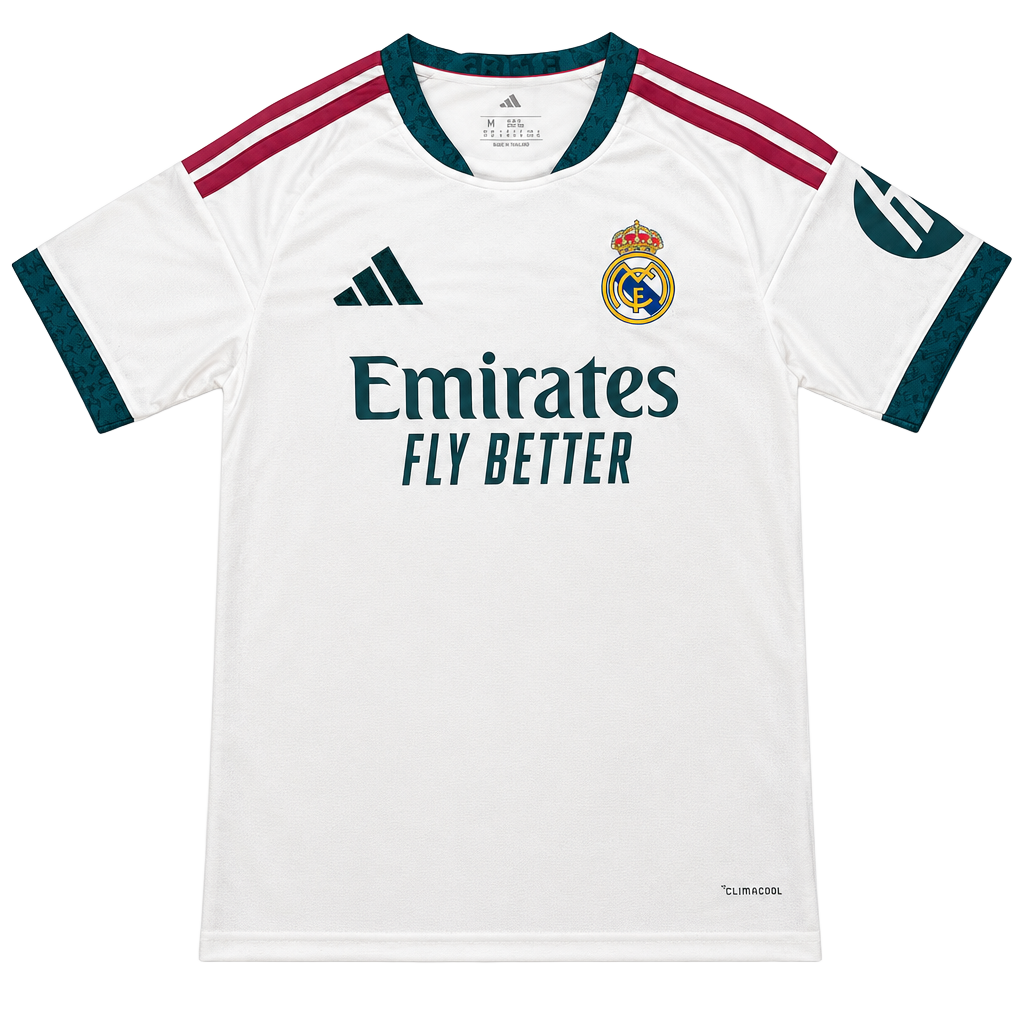 Adidas Real Madrid 2026/27 home shirt in white with maroon and dark green stripes on shoulders and sleeves, number 5 Bellingham on the back size Medium dimensions in the pictures brand new with tags. 1