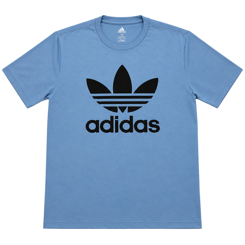Adidas Originals blue polyester & cotton t-shirt with black trefoil logo size medium dimensions are in the pictures brand new with tags. 1