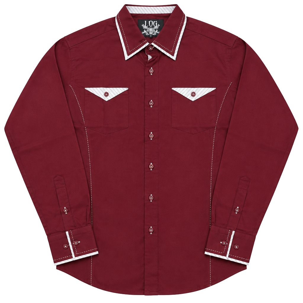Log wear men’s Maroon/Burgundy long sleeve button up shirt with white piping and diamond-shaped chest pockets size medium dimensions are in the pictures Brand new with tags 1