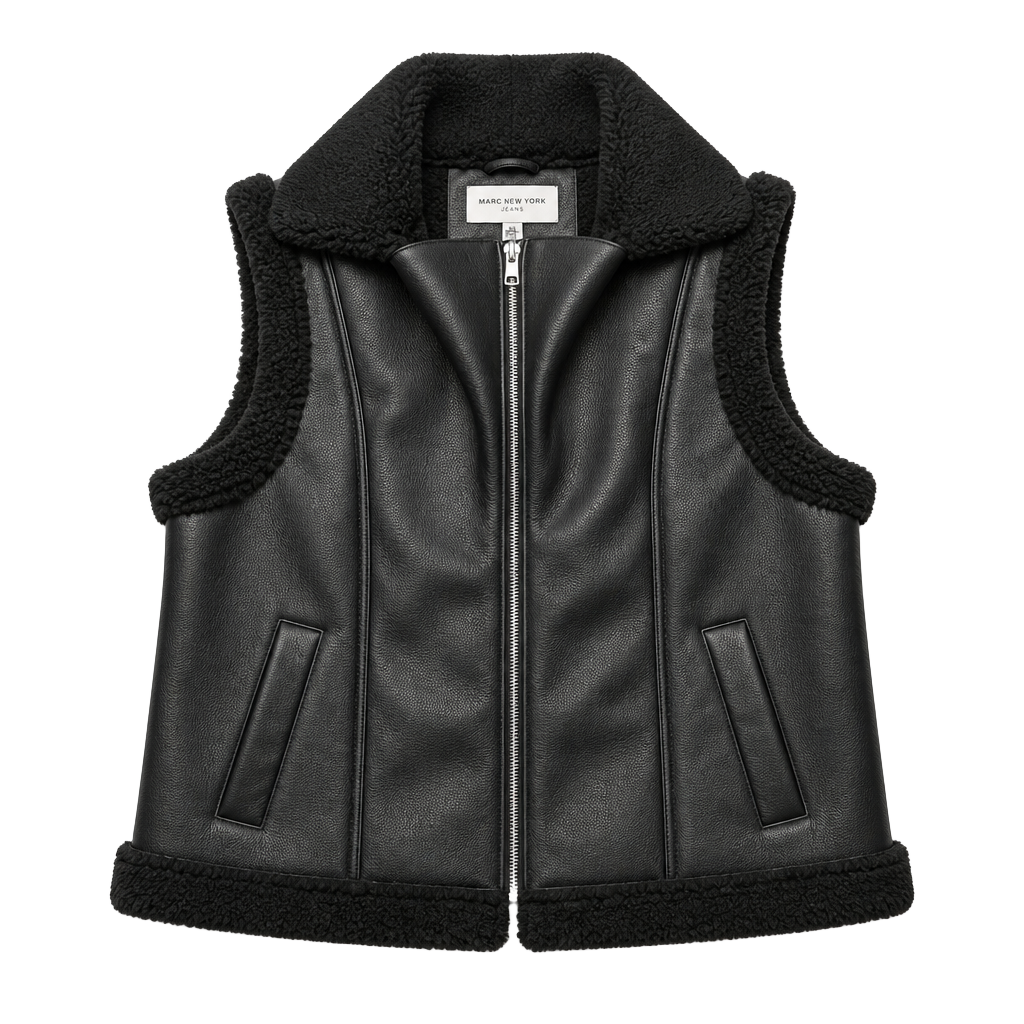 Marc New York Black Faux Leather Sherpa Collar Vest 1