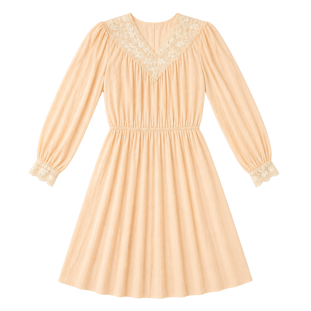 Vintage Casadei Peach Long Sleeve Midi Dress with Lace Detail 1