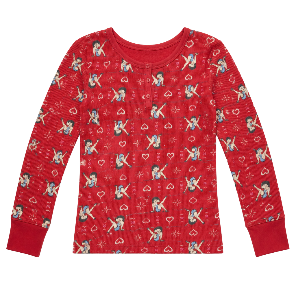 Y2k Betty Boop Red Waffle Knit Henley Long Sleeve Top 1