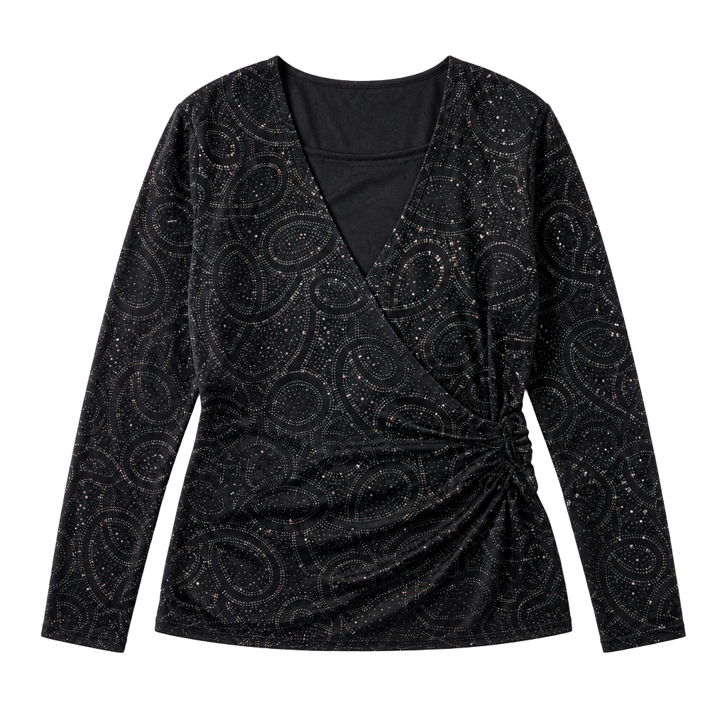 Notations Black Velvet Glitter Paisley Wrap Top with Side Ring Detail 1