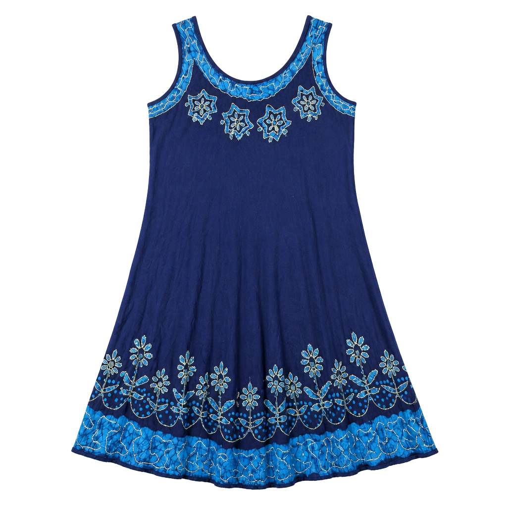 Blue Batik Embroidered Tank Dress with Asymmetrical Hem 1