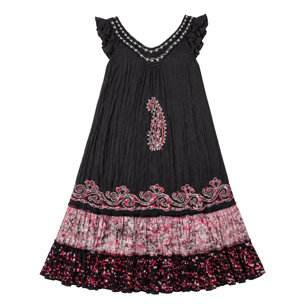 Fashion Force Black Boho Midi Dress with Embroidery and Batik Trim 1