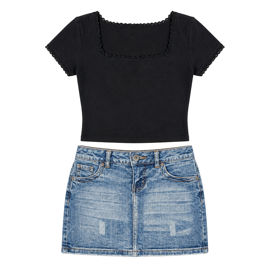 Hollister Must-Have Collection Black Square Neck Lace Trim Baby Tee 1