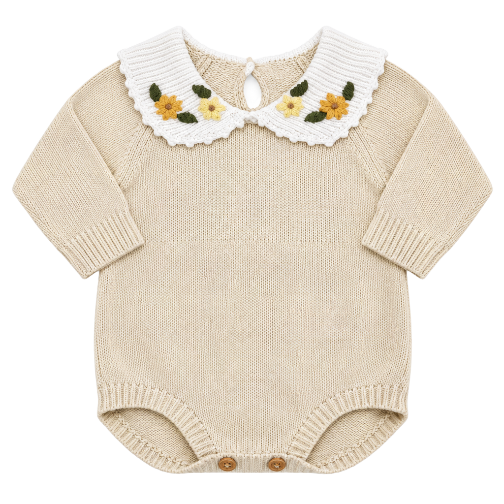 Baby Floral Embroidered Knit Bubble Romper Yellow 1