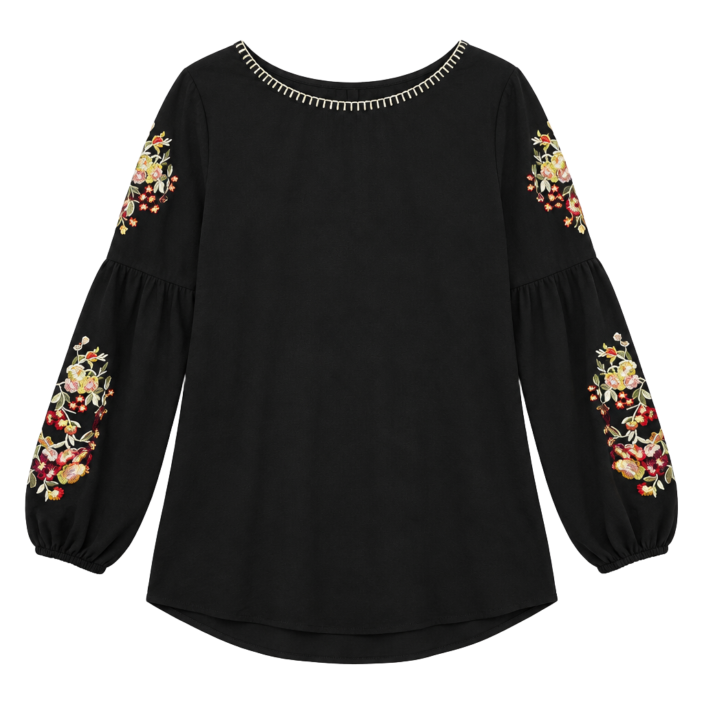 Black Embroidered Floral Long Sleeve Blouse Size L Boho Top 1