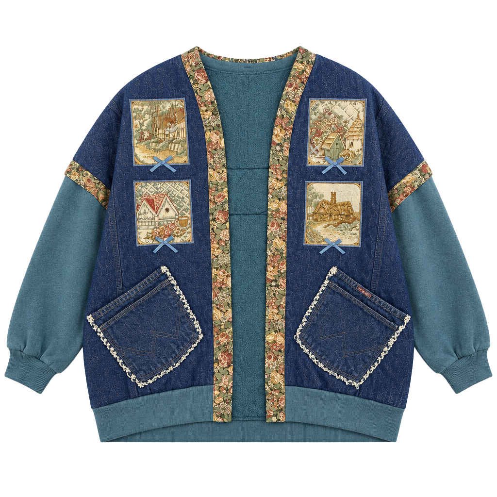 Vintage 90s Upcycled Denim Sweatshirt Jacket XL Cottagecore Wrangler Patchwork 1