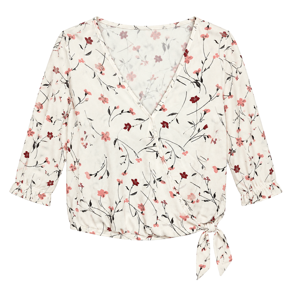 Sienna Sky Medium Floral Wrap Blouse Tie Side Ruffle Sleeve Ivory 1