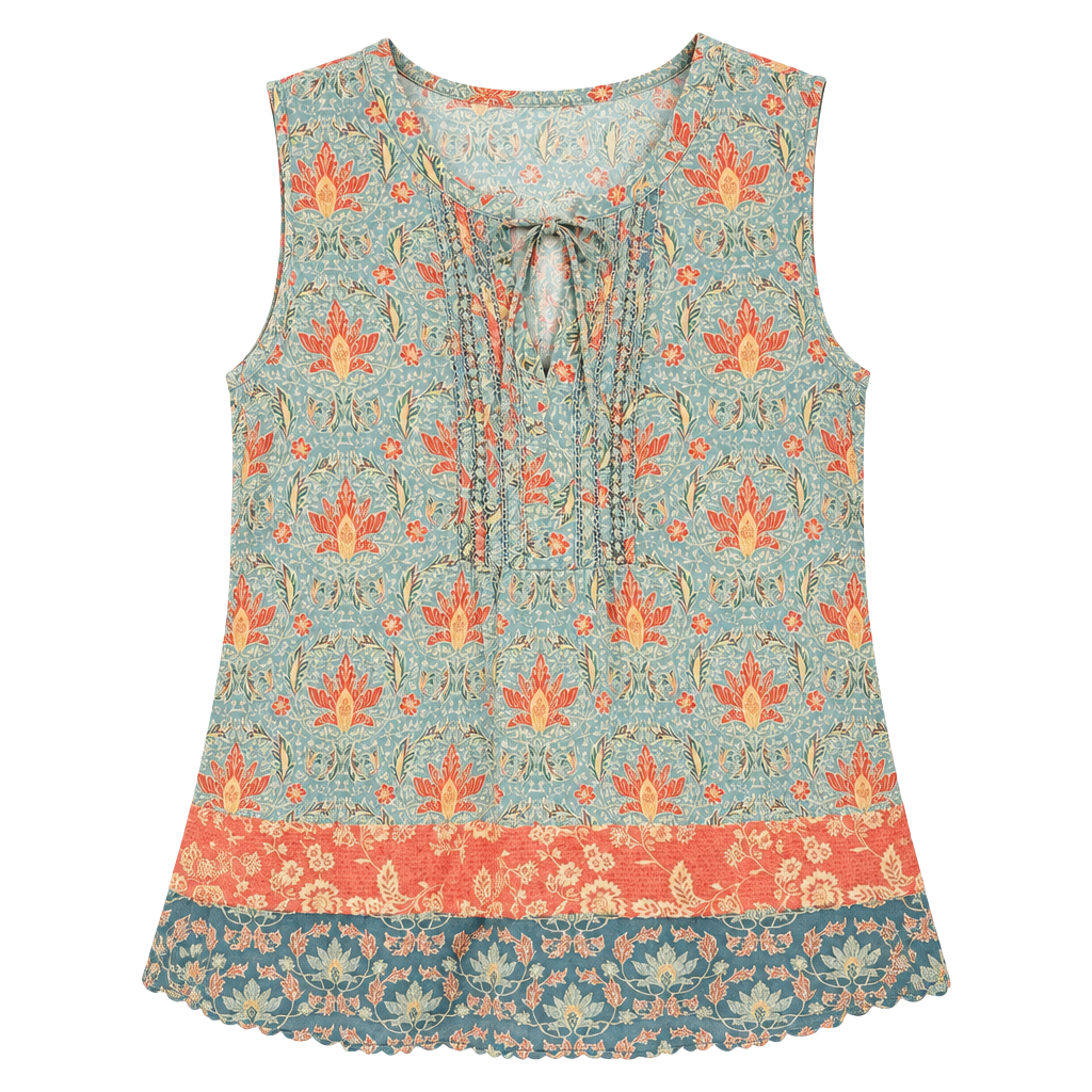 Daniel Rainn Large Floral Boho Blouse Sleeveless Tie Neck Border Print Tunic Top 1