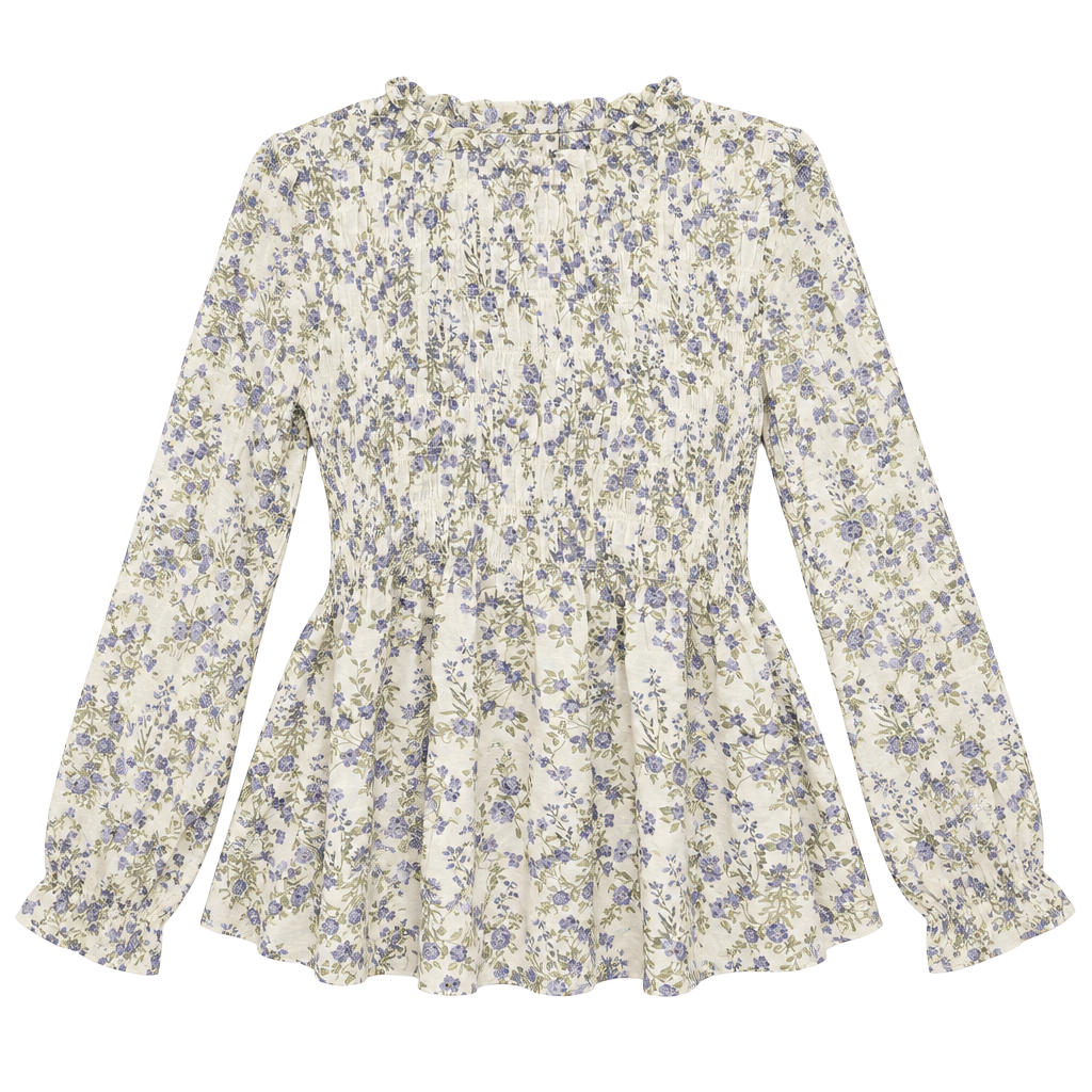 Rose + Olive Floral Smocked Long Sleeve Top Size L Green Blue White 1