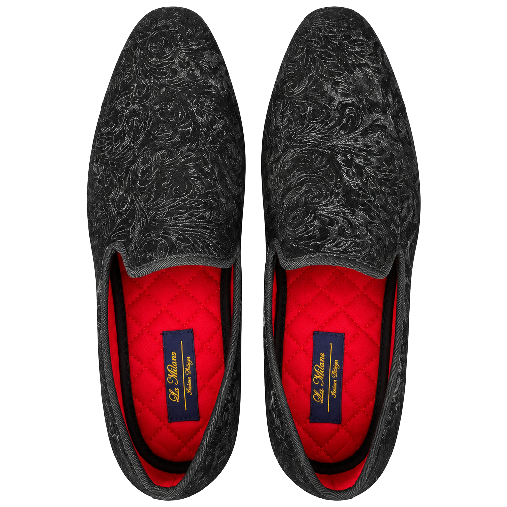 La Milano Men’s 10.5 Black Velvet Paisley Smoking Loafers Red Sole Dress Shoes 1