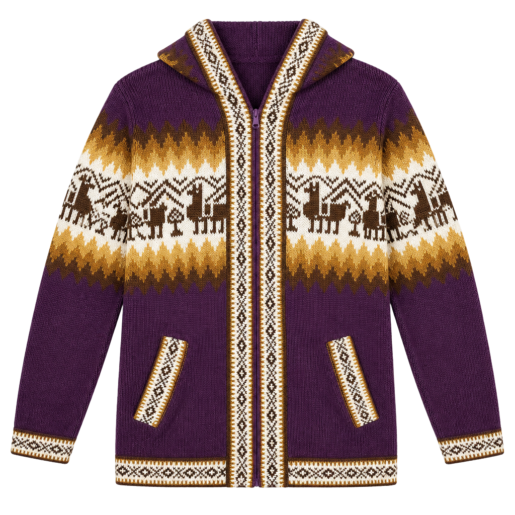 Vintage Peru Horse Sweater Womens M/L Purple Hooded Zip Cardigan Andean Boho 1