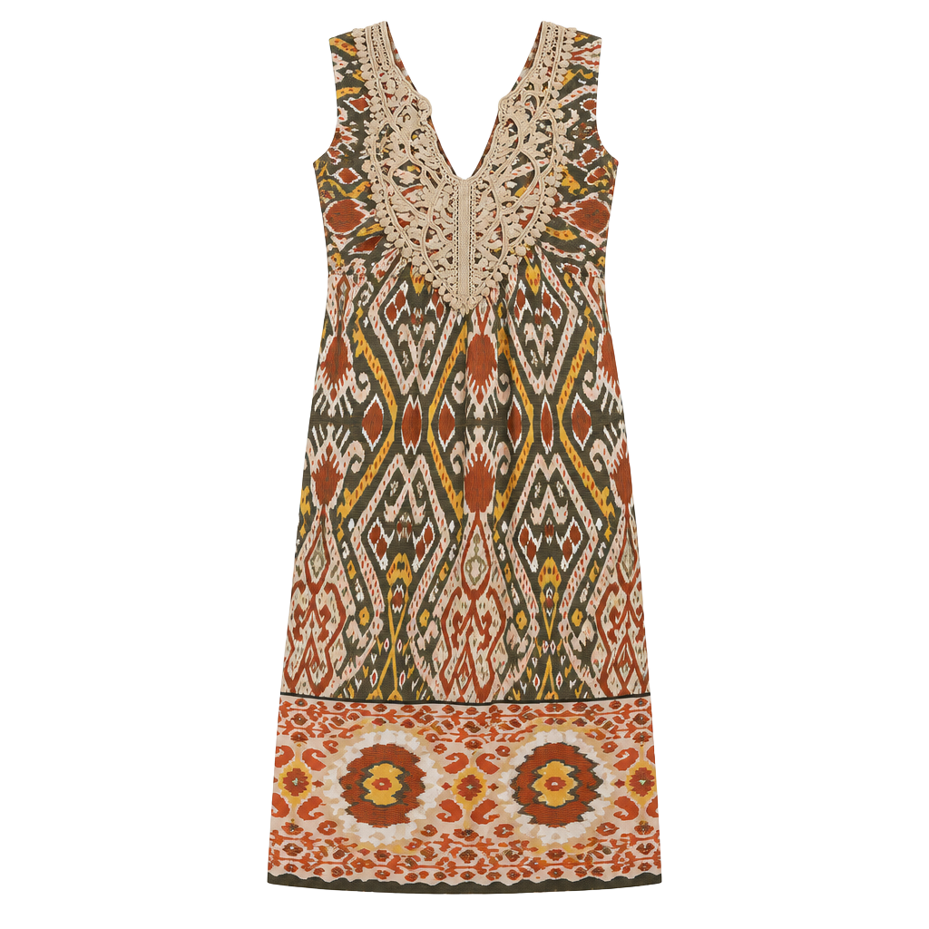 As U Wish Dress Size M Multicolor Boho Ikat Print Crochet Neck Sleeveless 1
