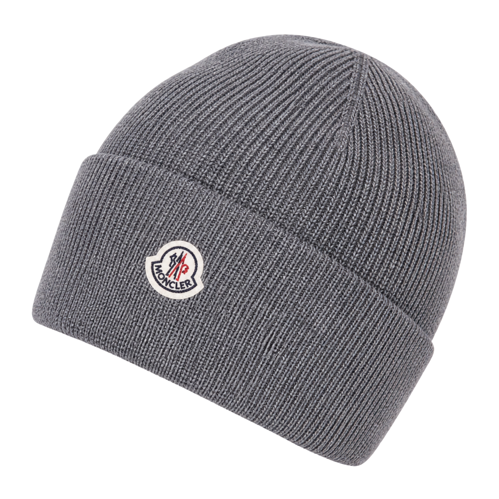 Moncler Logo Ribbed Wool Beanie Hat in Dark Grey 1