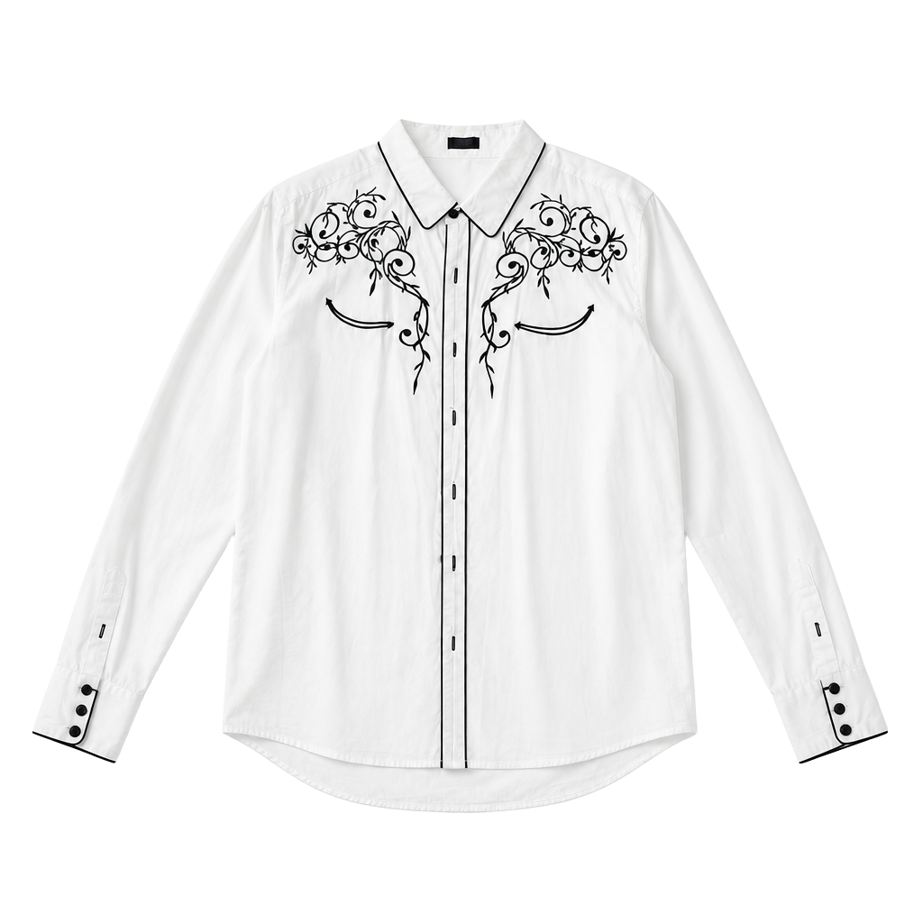 Mazeys Mens White Black Western Cowboy Embroidered Retro Long Sleeve Shirt 1