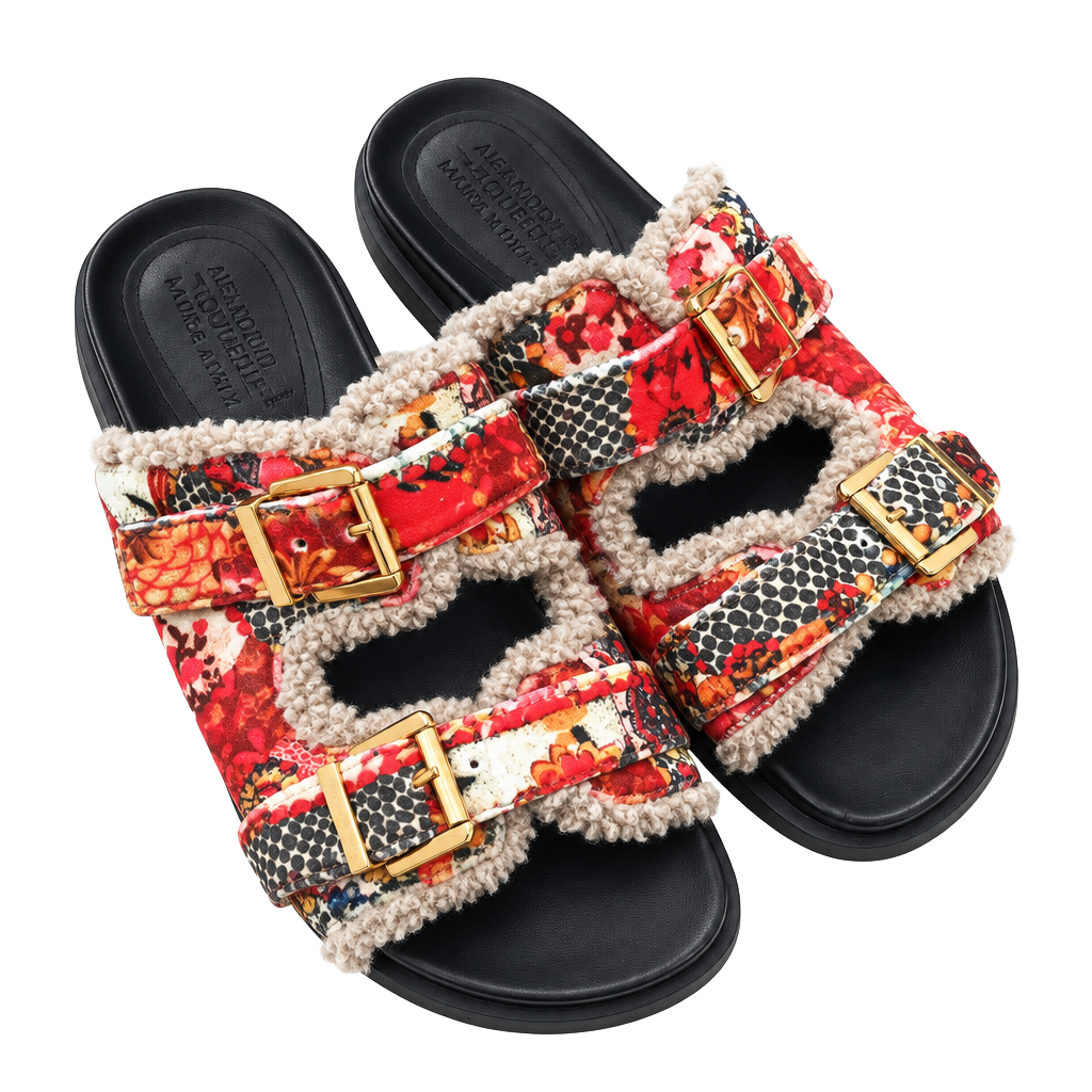 Aerosoles Laura Ashley Olivia Sherpa Slide Sandals Red Multi Size 8 1