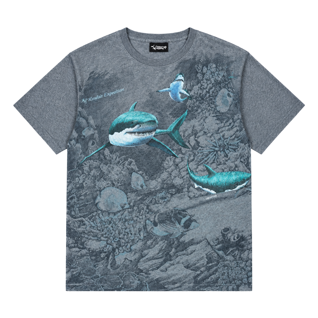 Vintage Single Stitch Made in USA Signal Sport Aquarium Shark All Over Print T
1
