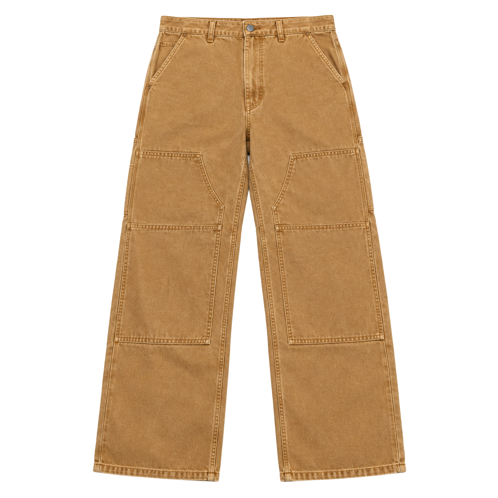 Wide Leg Canvas Carpenter Double Knee Utility Pants - Khaki Brown 34x30 1