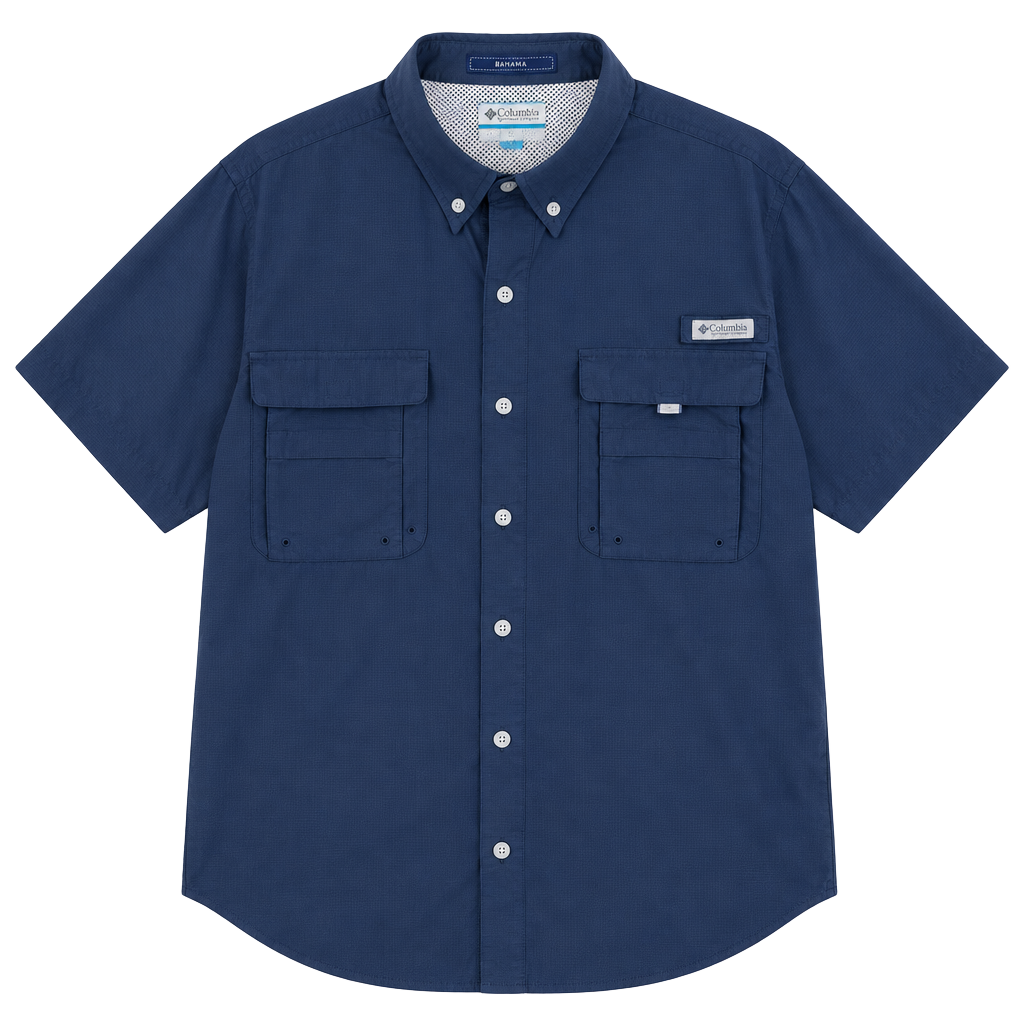 Columbia, 5XL Big & Tall, PFG Bahama II Short Sleeve Fishing Shirt, Navy 1