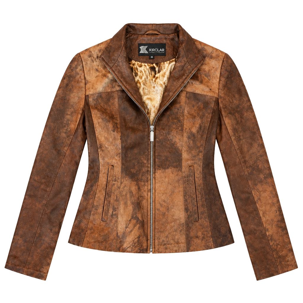 100% Genuine Distressed Leather Jacket, Boho, Edgy Satin Animal Print Lining, M 1