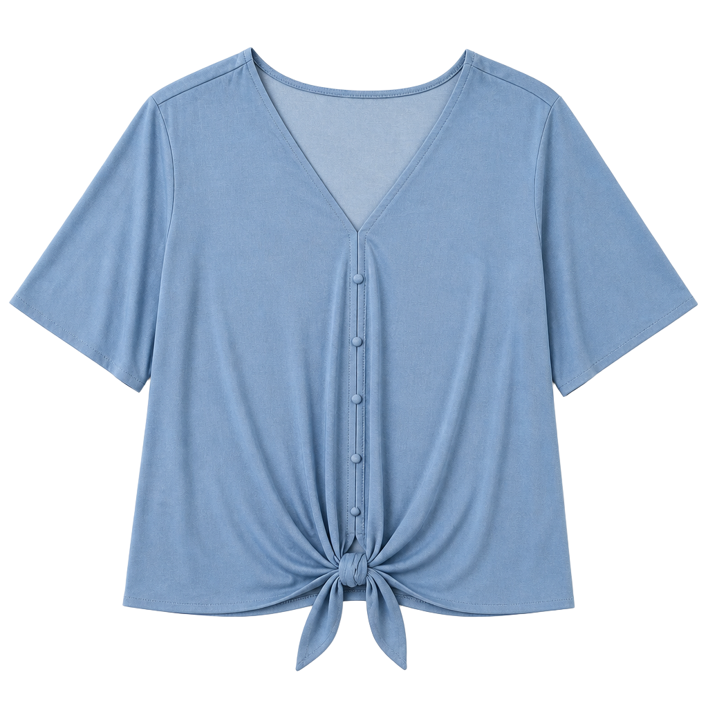 Nina Leonard V-Neck Short Sleeve Button-Down Tie Front Top Blue Size 3X 1