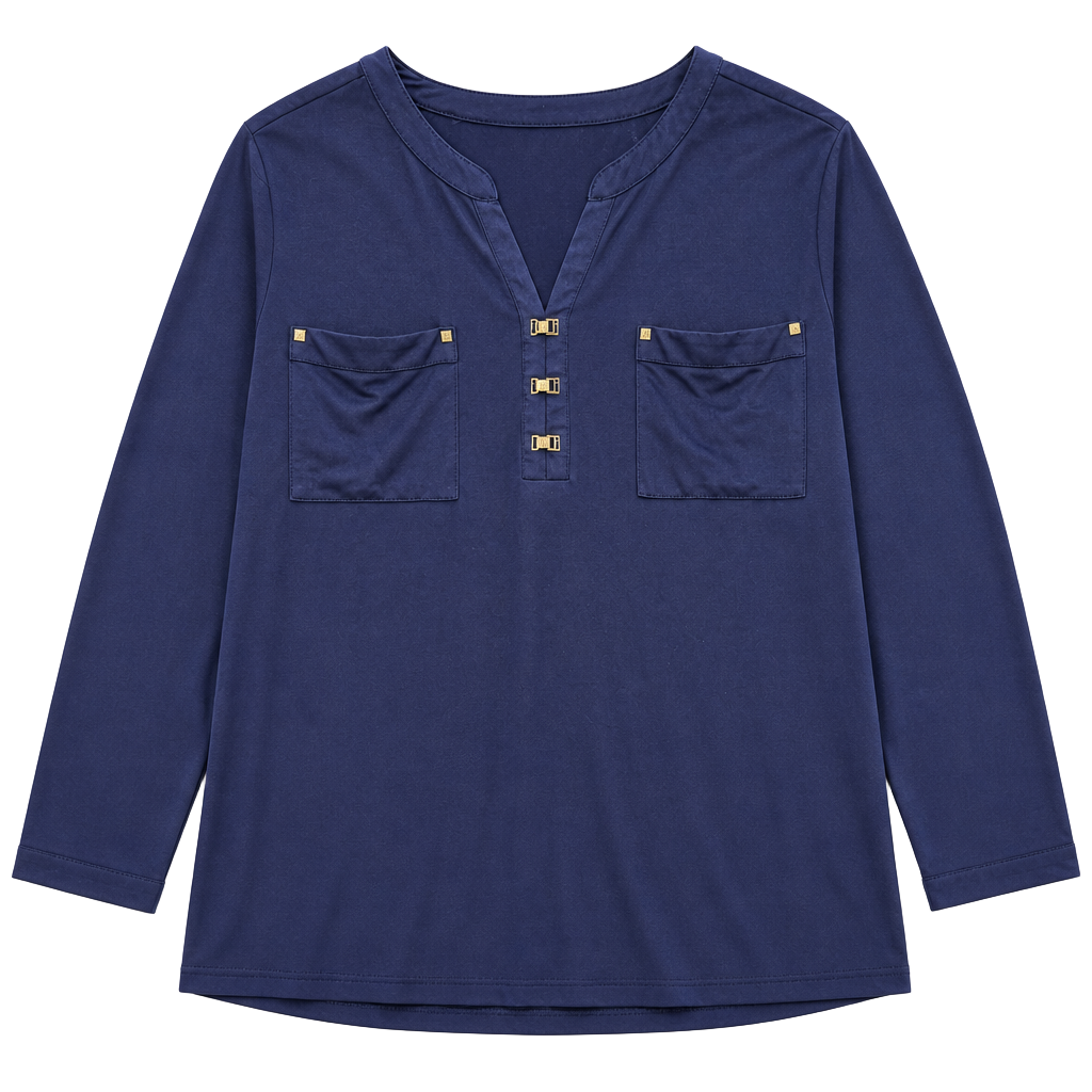 Jones New York Navy Blue V-Neck Tunic Blouse with Gold Hardware Accent Size 3X 1
