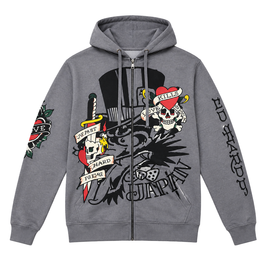 Ed Hardy Zip Up Hoodie Size M Grey Graphic Love Kills Slowly #73 1