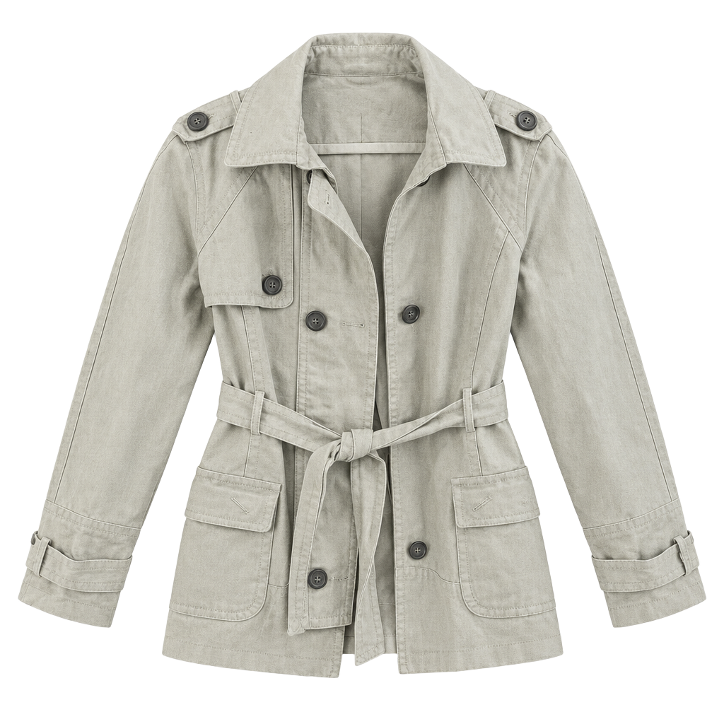 Via Trench Coat Size 10 Beige Cotton Short Belted Jacket 1
