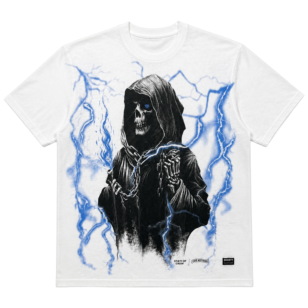 State of Crew White Grim Reaper Lightning Graphic T-Shirt Size XL 1